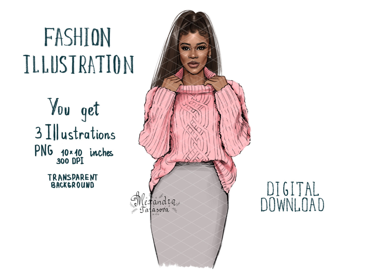 Digital Watercolor Illustration Fashion Girl Black Girl Clipart African American Girl Winter Holiday  Fashion Sweater Drawing Sketch