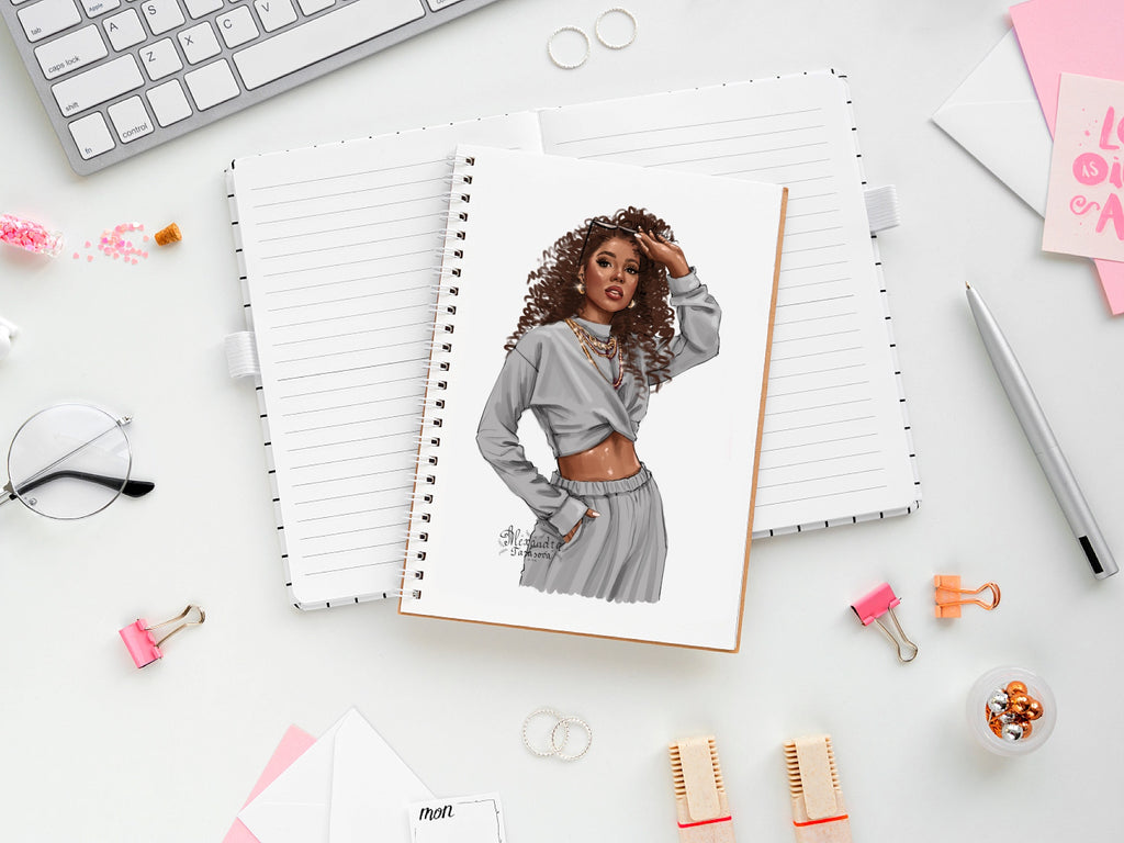 Fashion Girl Black Boss Girl Clipart Sport Costume Design African American Girl Long Wavy Hair Digital Download Drawing Sketch