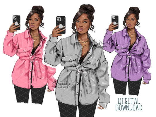 Digital Watercolor Illustration Fashion Black Girl Clipart African American Girl Planner Stickers Planner Dashboard Hand Drawn Sketch