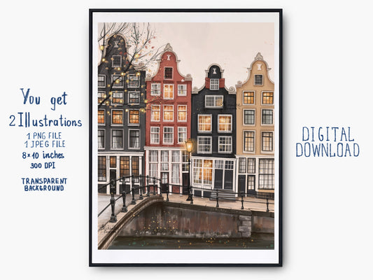 Digital Watercolor Illustration Autumn Amsterdam Printable Art Wall Decor Drawing Sketch