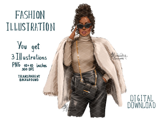 Digital Watercolor Illustration Fashion Black Boss Girl Clipart African American Girl Black Sunglasses Fashion Outfit Hand Drawn Art