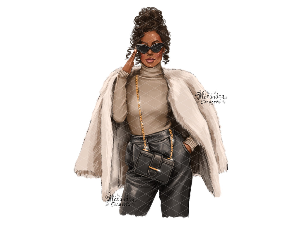 Digital Watercolor Illustration Fashion Black Boss Girl Clipart African American Girl Black Sunglasses Fashion Outfit Hand Drawn Art