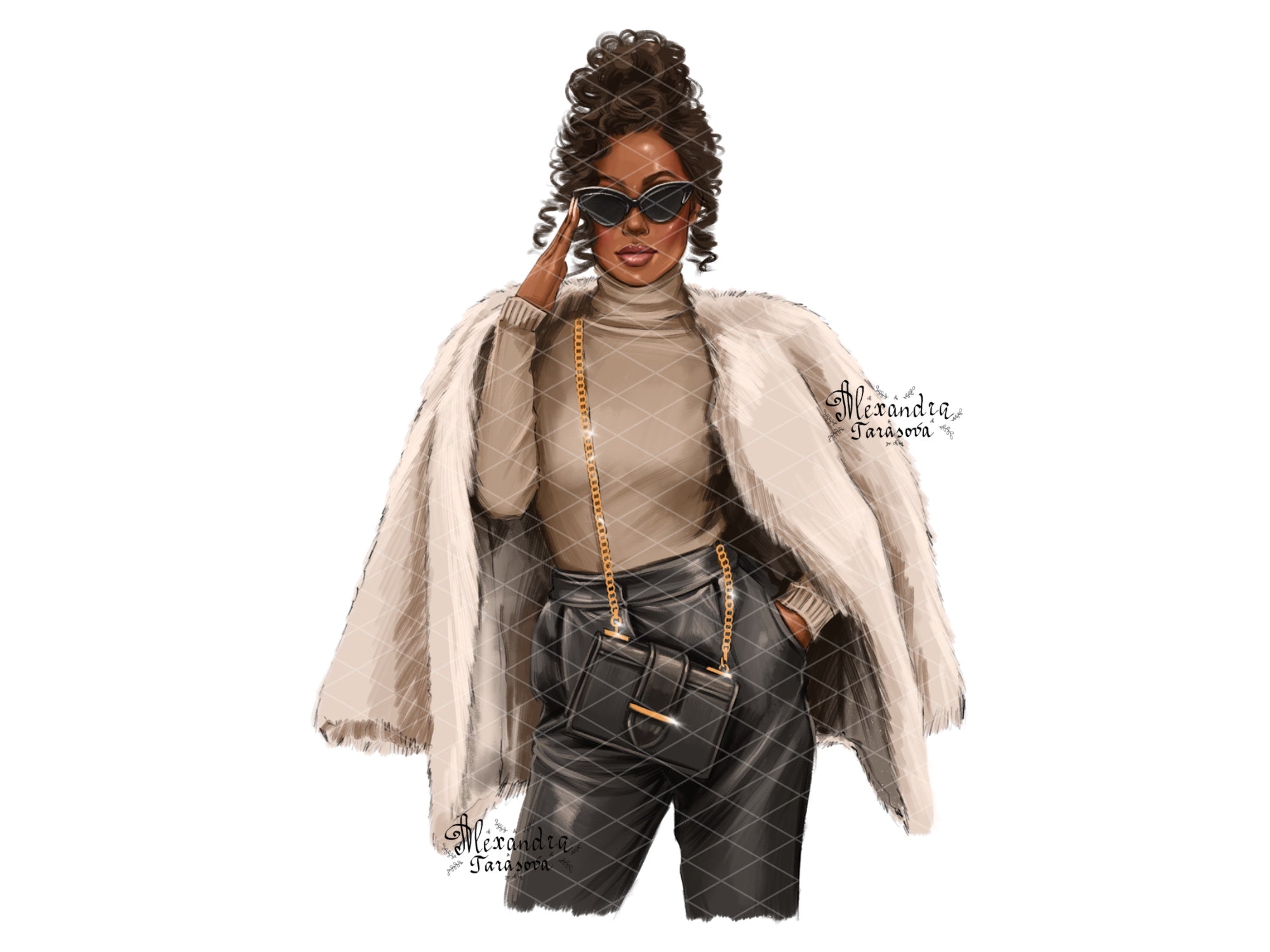 Digital Watercolor Illustration Fashion Black Boss Girl Clipart African American Girl Black Sunglasses Fashion Outfit Hand Drawn Art