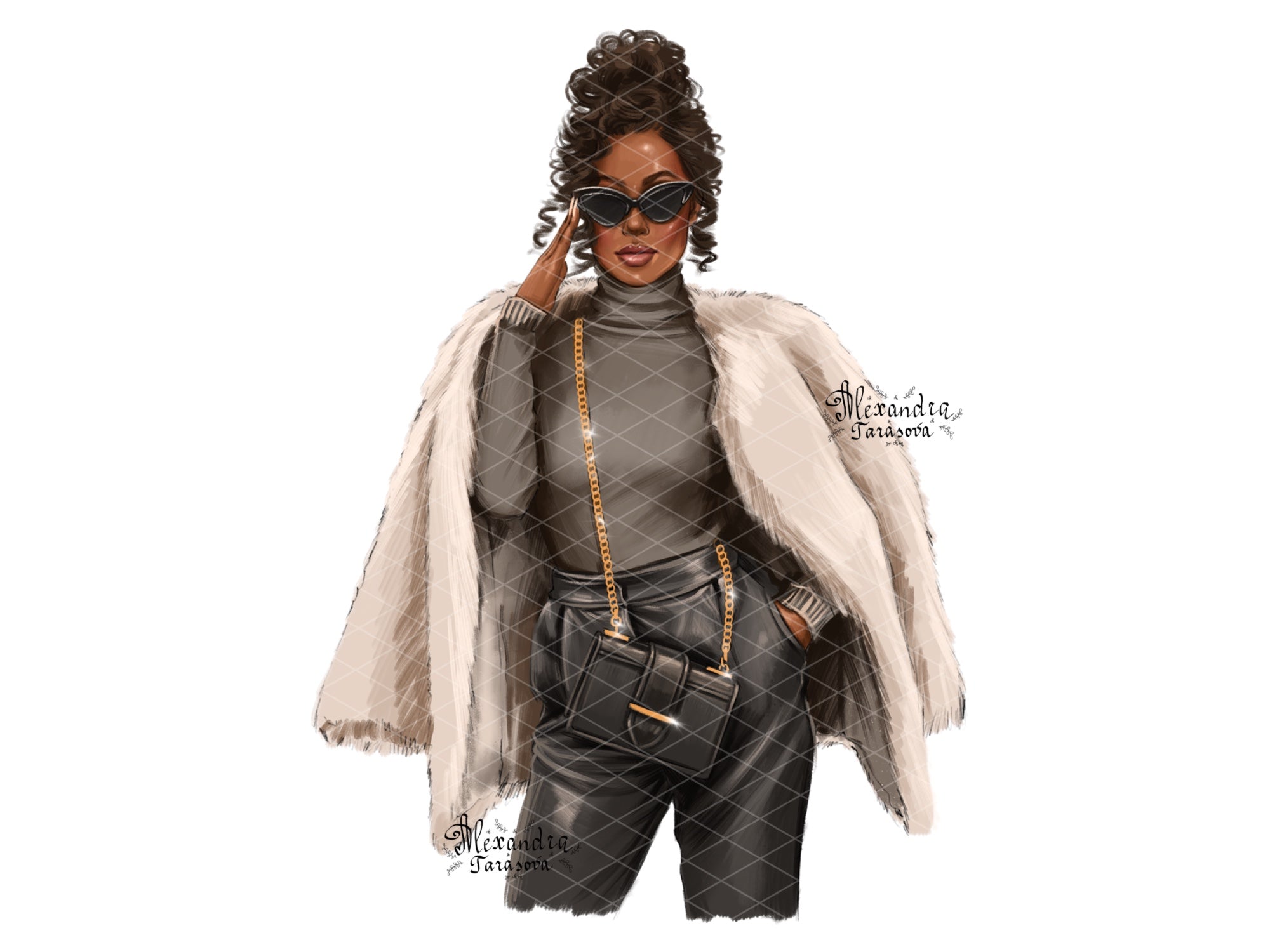 Digital Watercolor Illustration Fashion Black Boss Girl Clipart African American Girl Black Sunglasses Fashion Outfit Hand Drawn Art