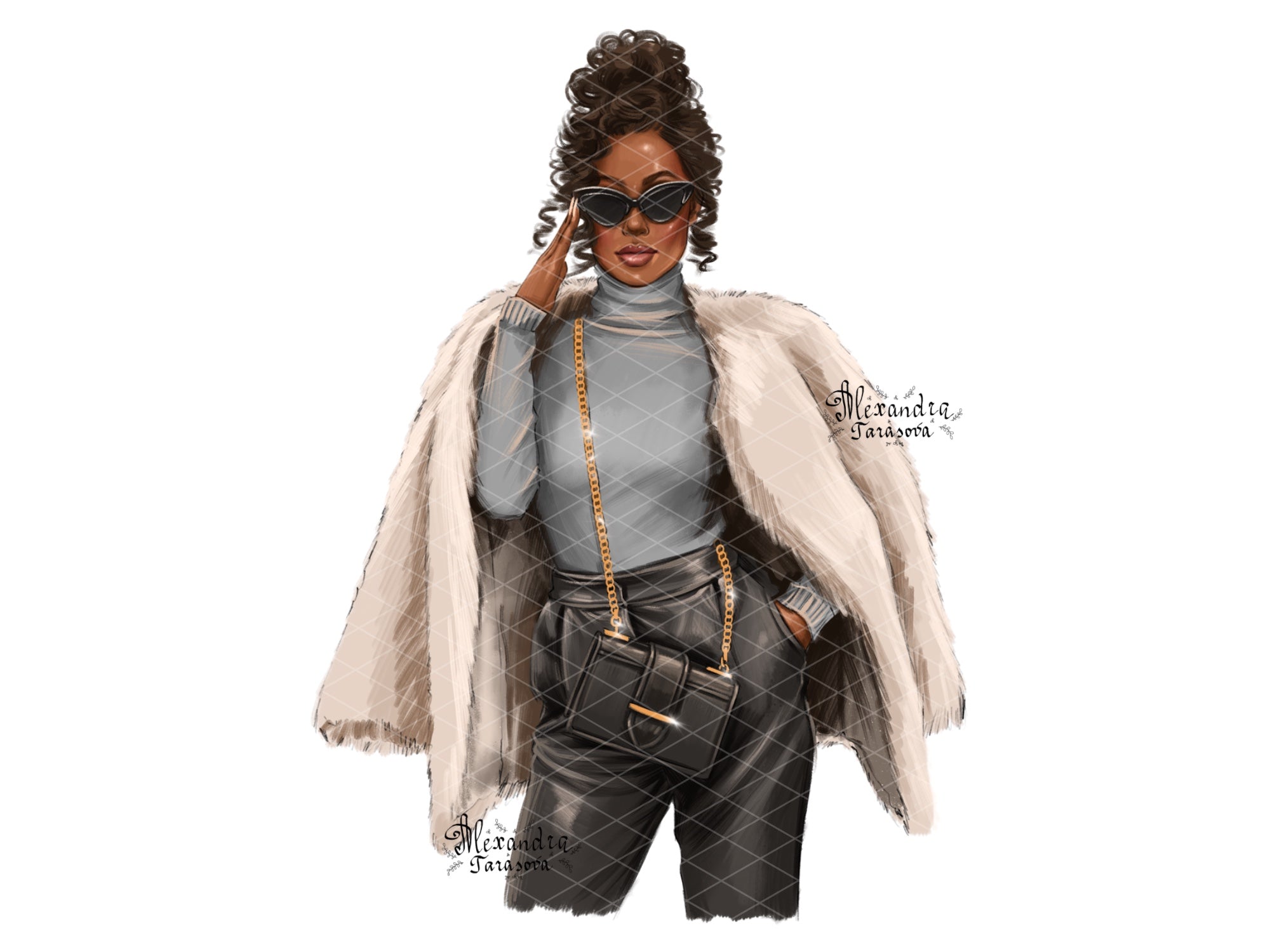 Digital Watercolor Illustration Fashion Black Boss Girl Clipart African American Girl Black Sunglasses Fashion Outfit Hand Drawn Art
