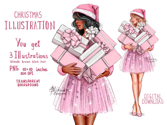 Digital Watercolor Illustration Christmas Illustration Fashion Girl Christmas Gifts Planner Stickers Digital Download Png Files