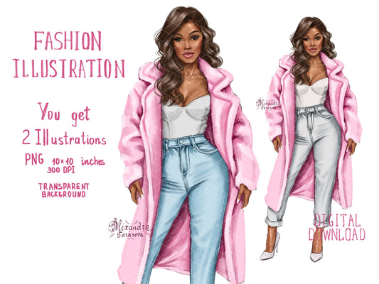 Hand Drawn Digital Illustration Fashion Illustration Beauty Black Girl Clipart African American Girl Pink Coat Winter Holiday