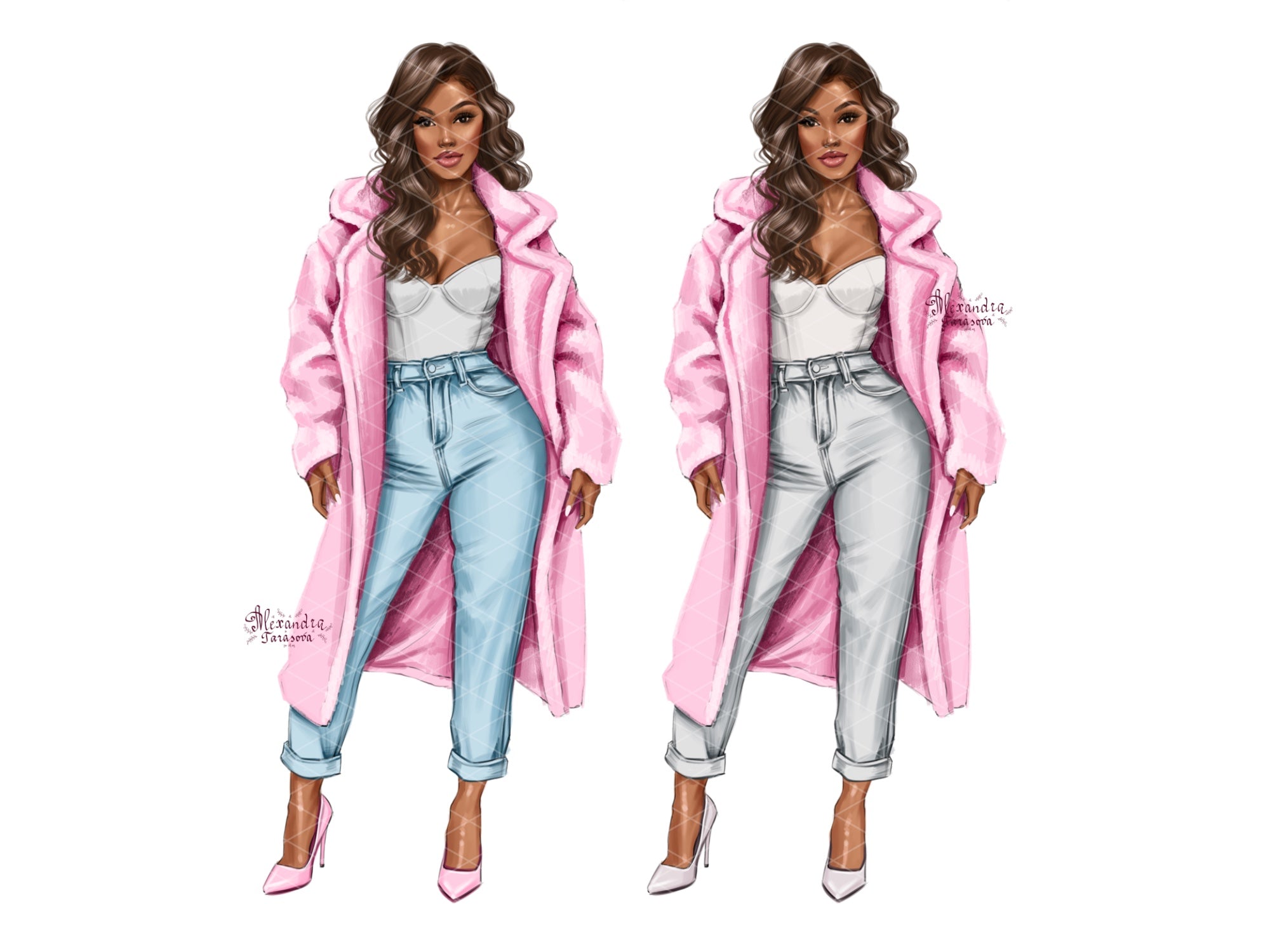 Hand Drawn Digital Illustration Fashion Illustration Beauty Black Girl Clipart African American Girl Pink Coat Winter Holiday