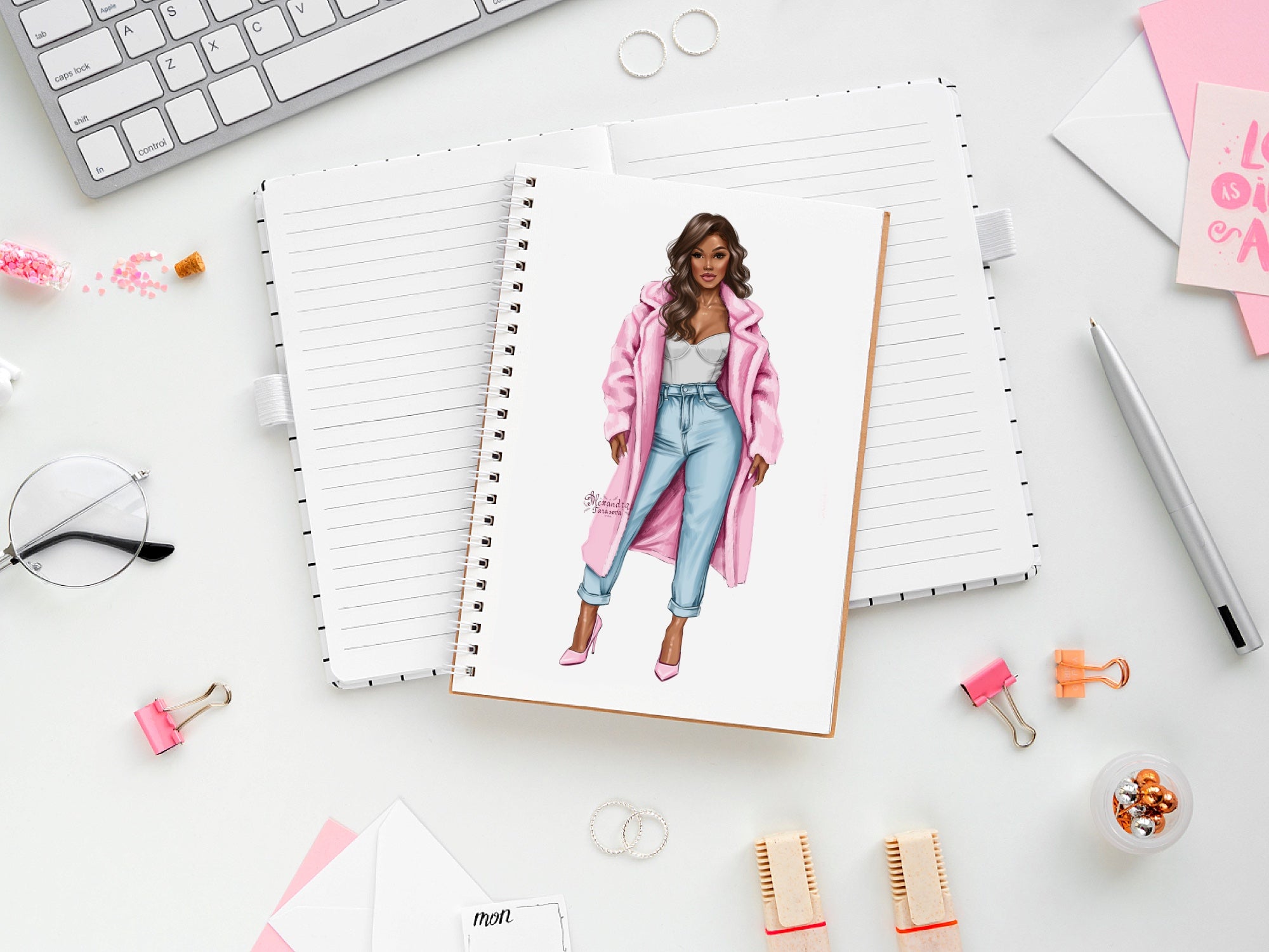 Hand Drawn Digital Illustration Fashion Illustration Beauty Black Girl Clipart African American Girl Pink Coat Winter Holiday