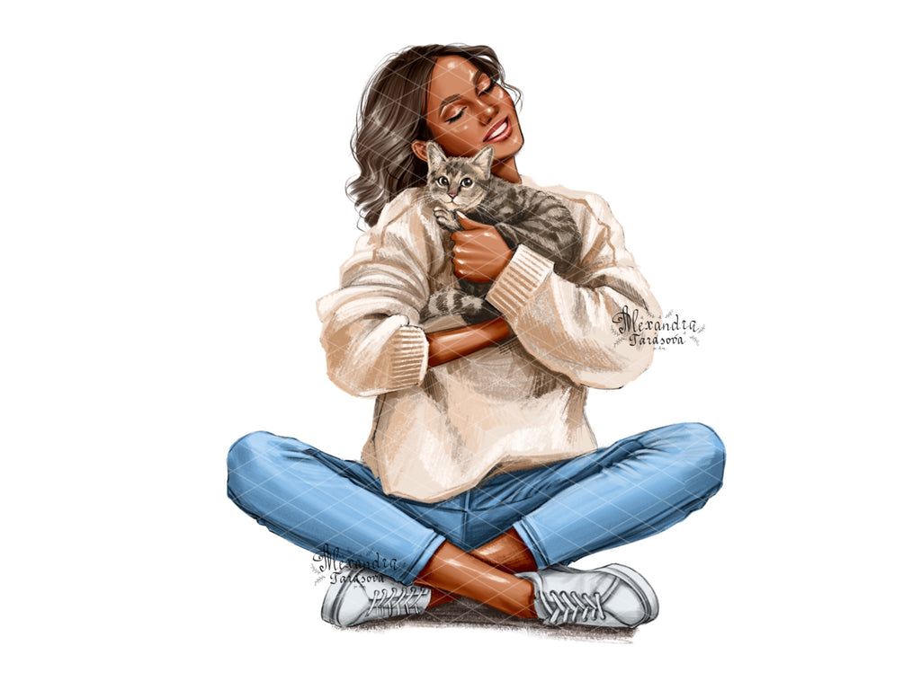 Hand Drawn Illustration Fashion Black Girl Clipart Cat Print Design Digital Illustration Planner Stickers Printable Art