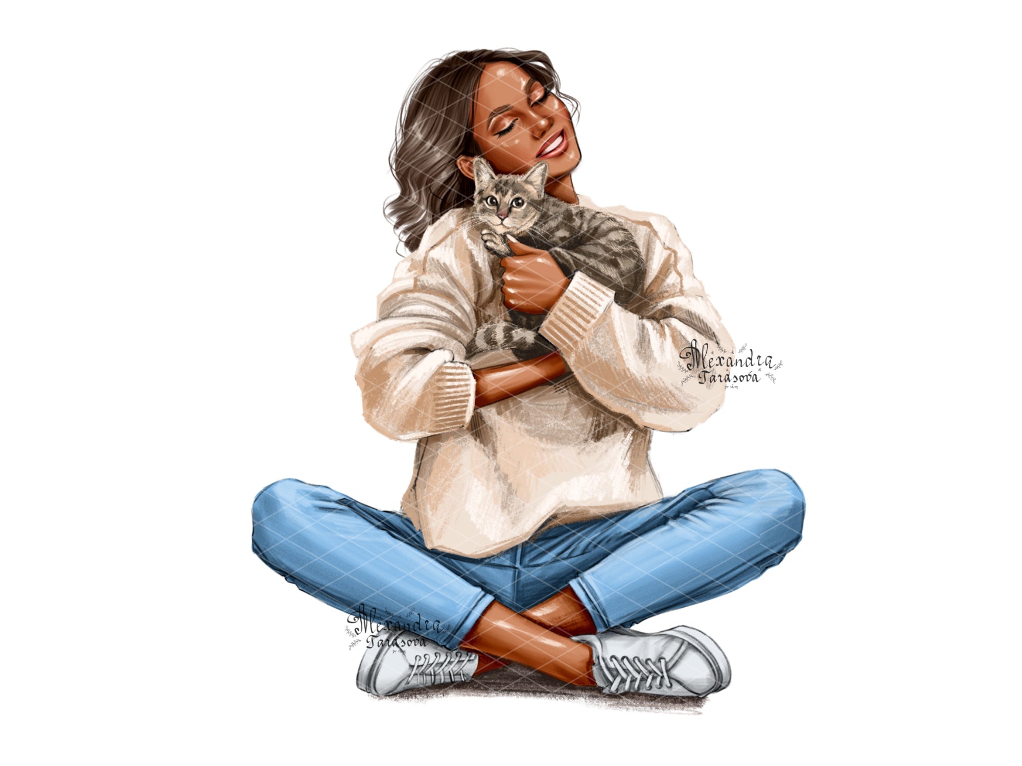 Hand Drawn Illustration Fashion Black Girl Clipart Cat Print Design Digital Illustration Planner Stickers Printable Art