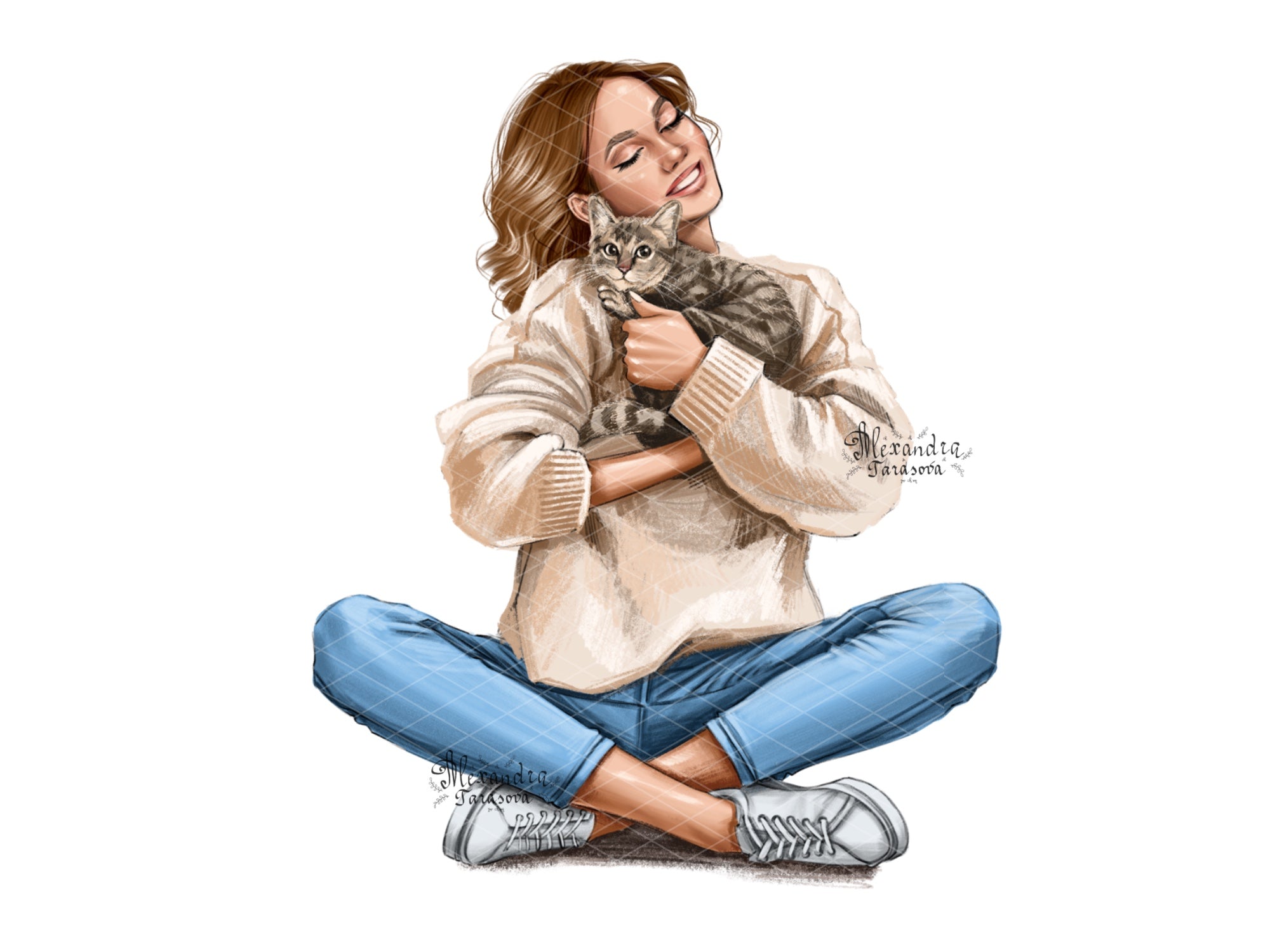 Hand Drawn Illustration Fashion Black Girl Clipart Cat Print Design Digital Illustration Planner Stickers Printable Art