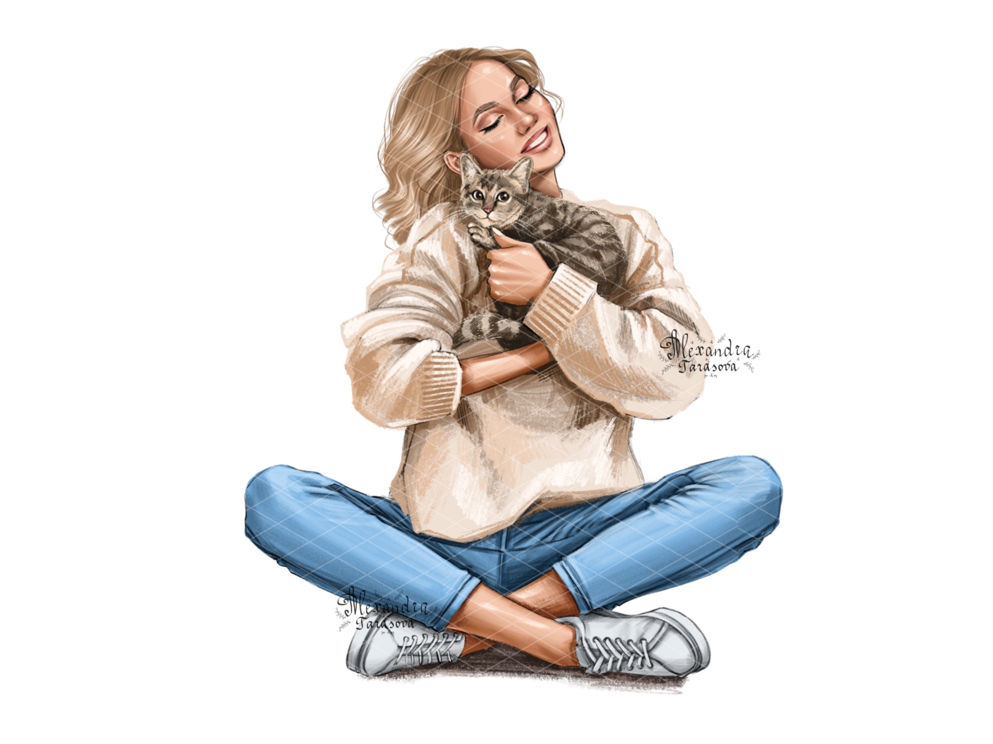 Hand Drawn Illustration Fashion Black Girl Clipart Cat Print Design Digital Illustration Planner Stickers Printable Art