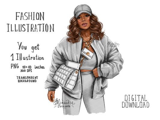 Hand Drawn Digital Watercolor Illustration Fashion Black Boss Girl Clipart African American Girl Printable Art