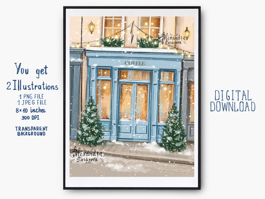 Digital Watercolor Illustration Winter Holiday Christmas Tree Coffee Shop Printable Art Instant Download