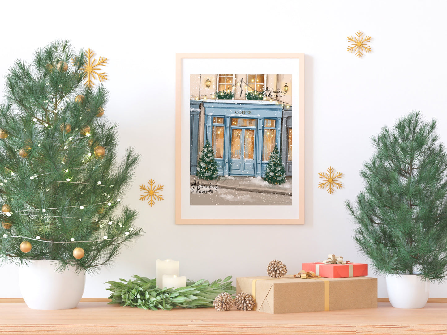 Digital Watercolor Illustration Winter Holiday Christmas Tree Coffee Shop Printable Art Instant Download