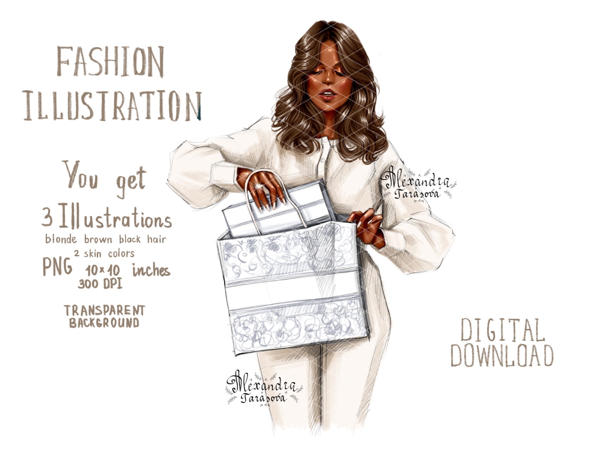 Digital Watercolor Illustration Fashion Girl Black Girl Clipart Fashion Shopping Bag African American Doll Planner Stickers Printable Art
