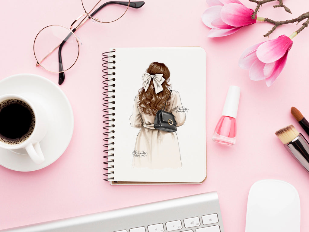 Digital Watercolor Illustration Fashion Illustration White Ribbon Black Bag Printable Art Planner Stickers Instant Download