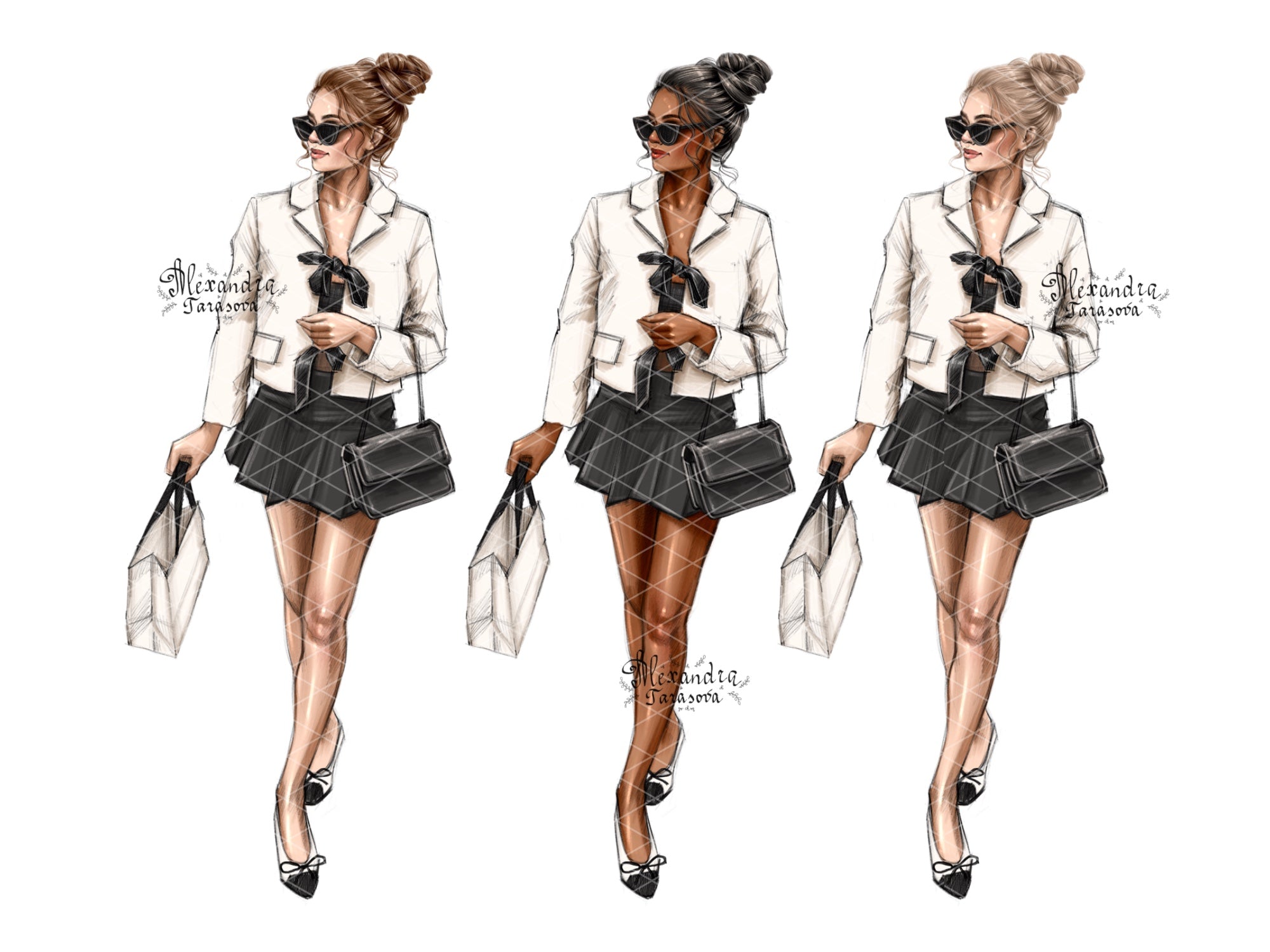 Digital Watercolor Illustration Fashion Girl Paris Drawing Art Sketch Black Girl Clipart Shopping Bag Black Ribbon Fashion Shoes