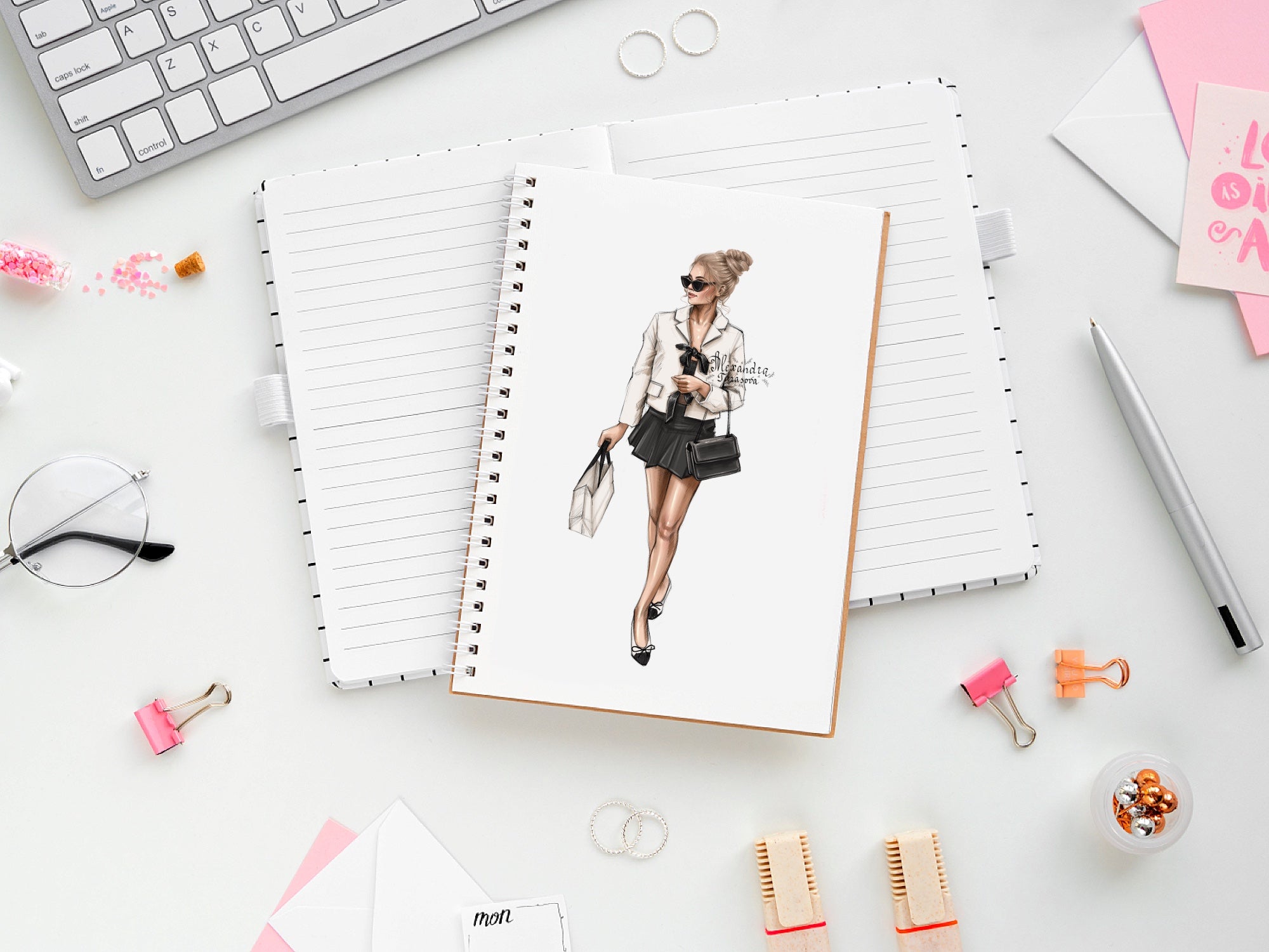 Digital Watercolor Illustration Fashion Girl Paris Drawing Art Sketch Black Girl Clipart Shopping Bag Black Ribbon Fashion Shoes