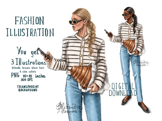 Digital Watercolor Illustration Fashion Girl Paris Croissant Blue Jeans Trendy Outfit Black Boss Girl Clipart Hand Drawn Sketch