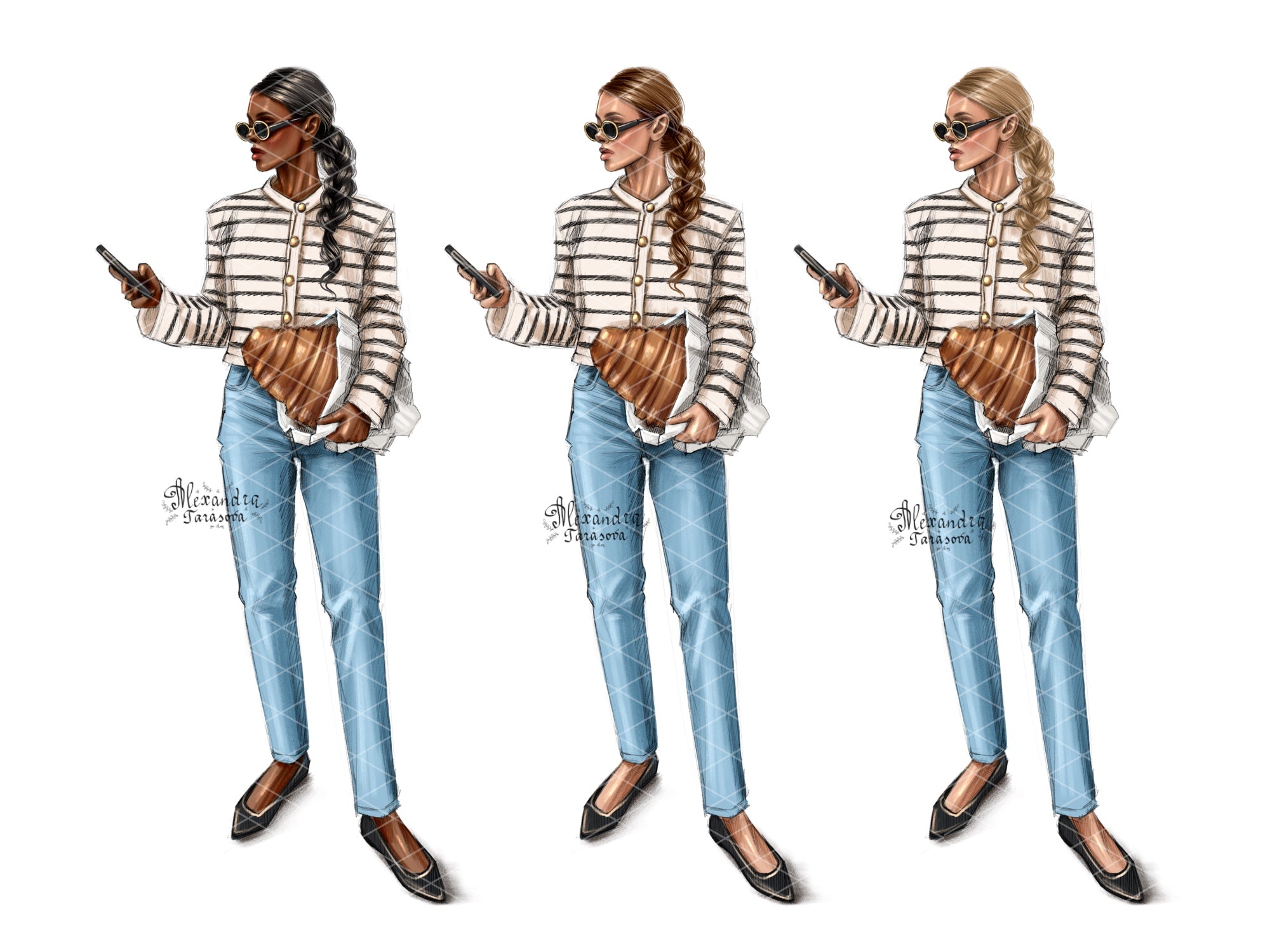 Digital Watercolor Illustration Fashion Girl Paris Croissant Blue Jeans Trendy Outfit Black Boss Girl Clipart Hand Drawn Sketch