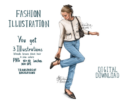 Digital Watercolor Illustration Fashion Girls Paris Outfit Instant Download Black Doll Clipart Planner Stickers Drawing Sketch