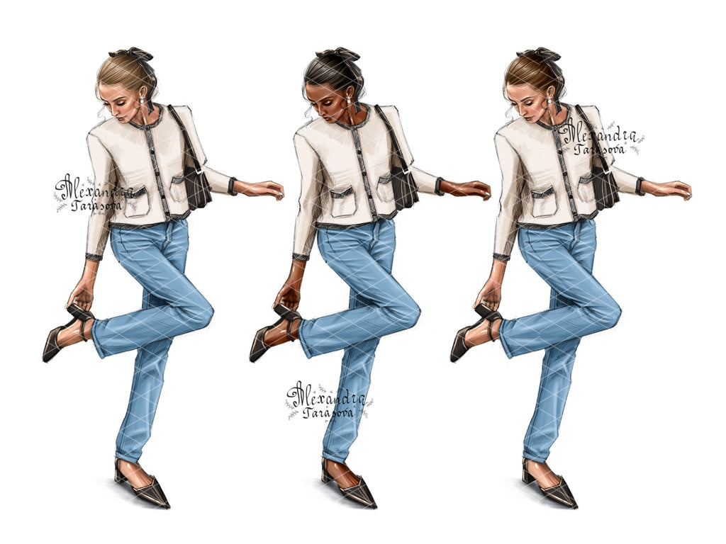 Digital Watercolor Illustration Fashion Girls Paris Outfit Instant Download Black Doll Clipart Planner Stickers Drawing Sketch