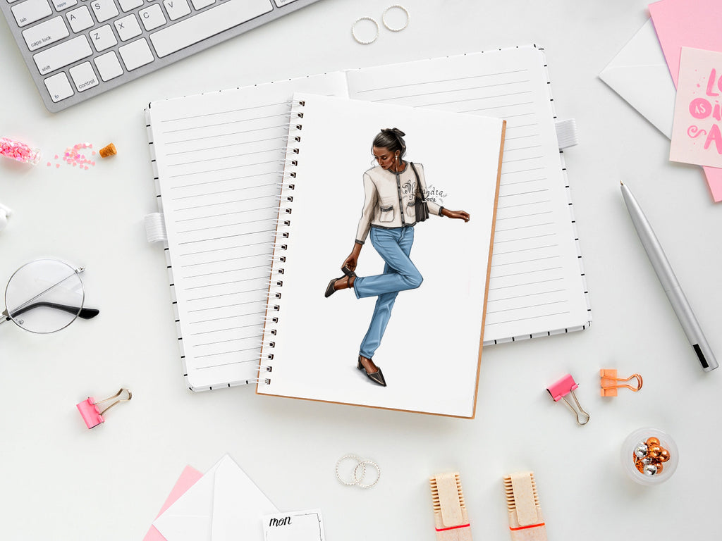 Digital Watercolor Illustration Fashion Girls Paris Outfit Instant Download Black Doll Clipart Planner Stickers Drawing Sketch