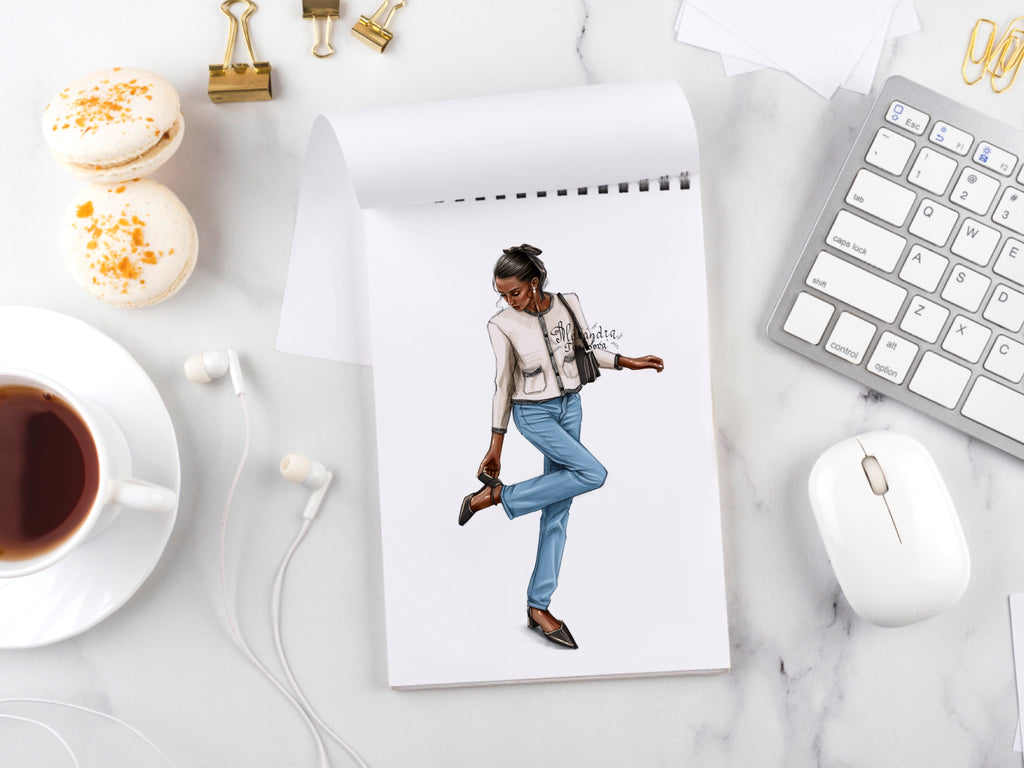 Digital Watercolor Illustration Fashion Girls Paris Outfit Instant Download Black Doll Clipart Planner Stickers Drawing Sketch