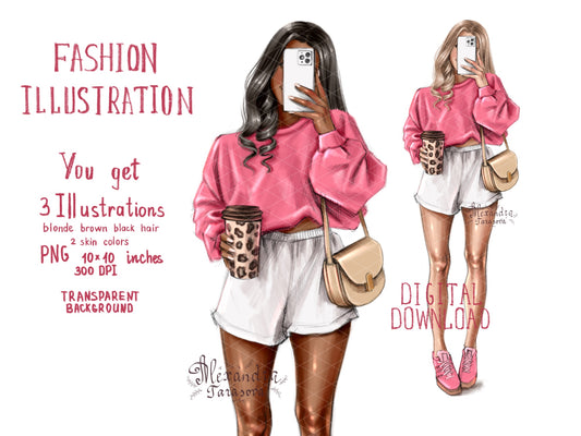 Digital Watercolor Illustration Fashion Girl Instant Download Planner Stickers Printable Art Drawing Sketch