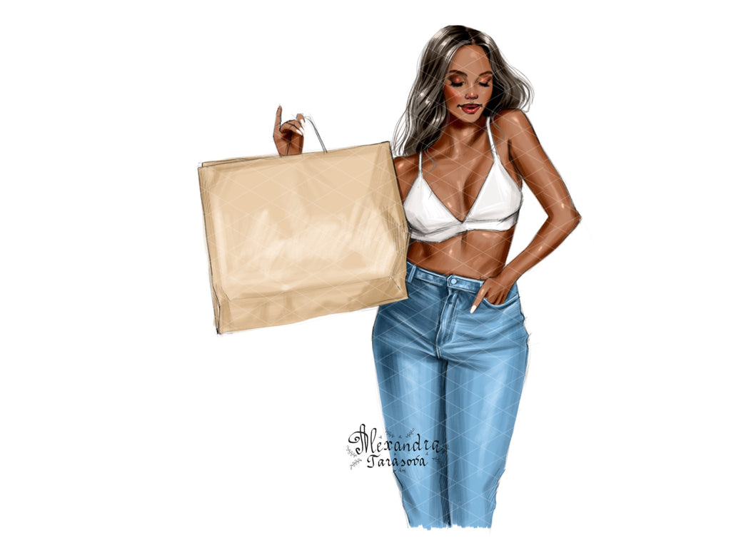 Digital Watercolor Illustration Fashion Girl Printable Art Instant Download Shopping Bag Planner Stickers Black Girl Clipart