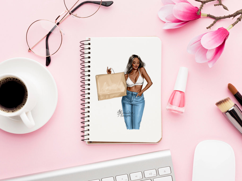 Digital Watercolor Illustration Fashion Girl Printable Art Instant Download Shopping Bag Planner Stickers Black Girl Clipart