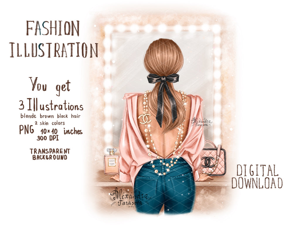Digital Watercolor Illustration Fashion Girl Chanel Bag Trendy Hairstyles Digital Download