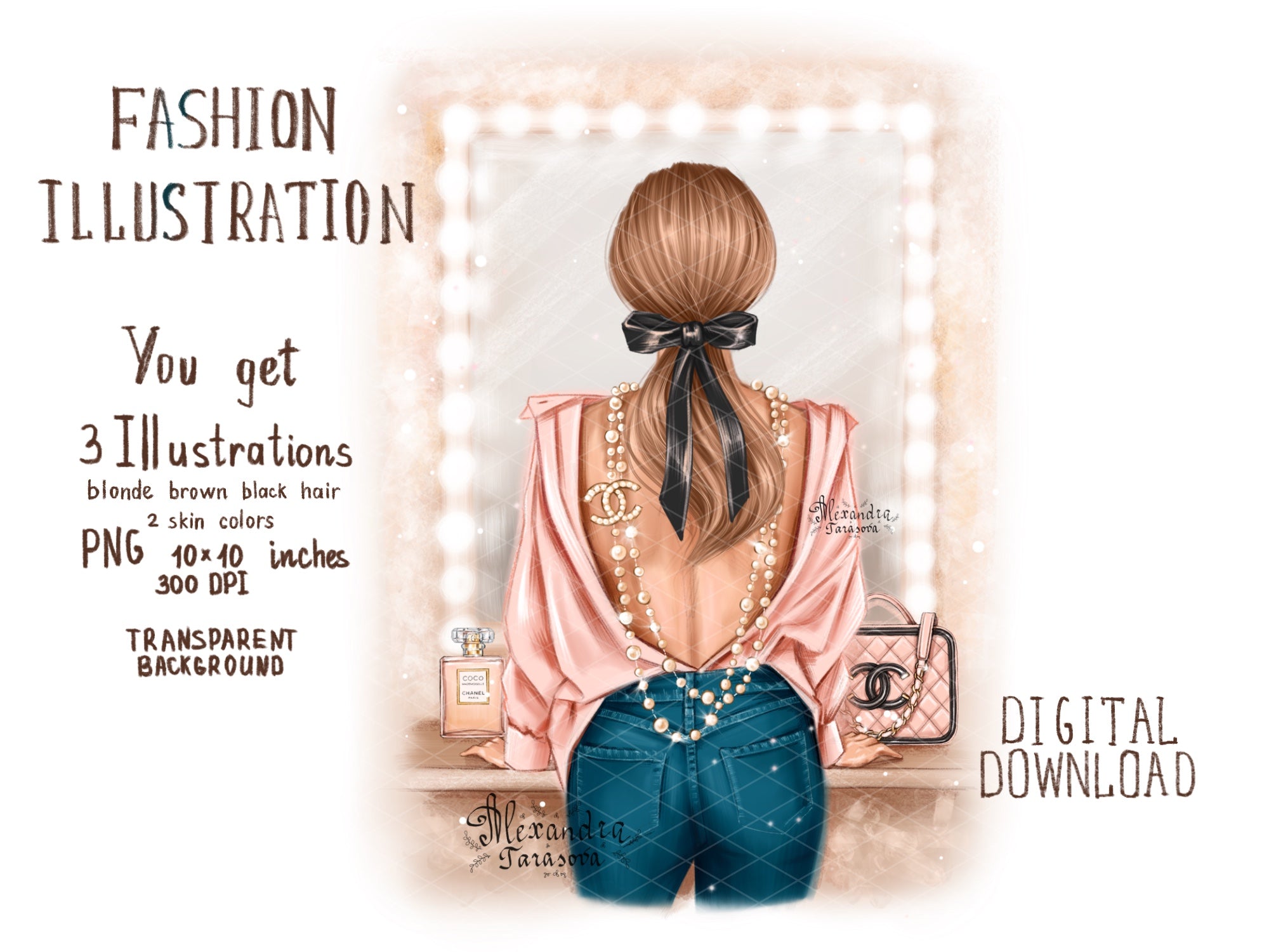 Digital Watercolor Illustration Fashion Girl Chanel Bag Trendy Hairstyles Digital Download