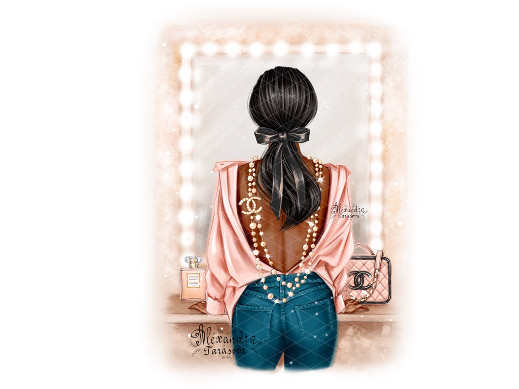 Digital Watercolor Illustration Fashion Girl Chanel Bag Trendy Hairstyles Digital Download