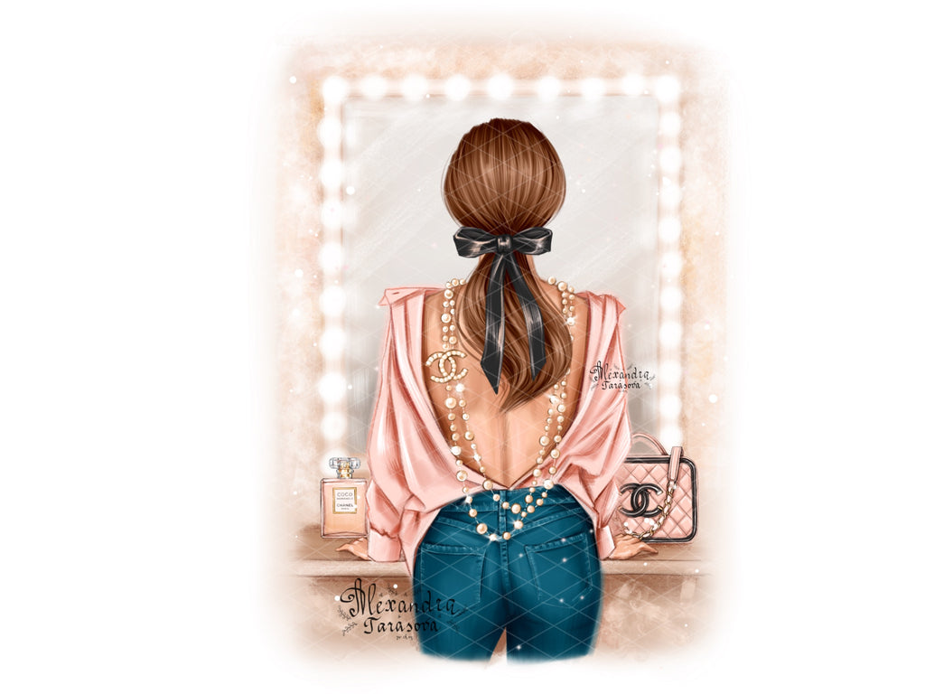 Digital Watercolor Illustration Fashion Girl Chanel Bag Trendy Hairstyles Digital Download
