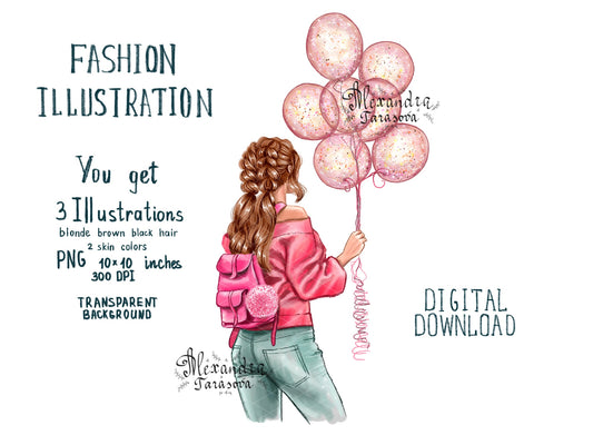 Digital Watercolor Illustration Fashion Girl Digital Download Printable Art Planner Stickers