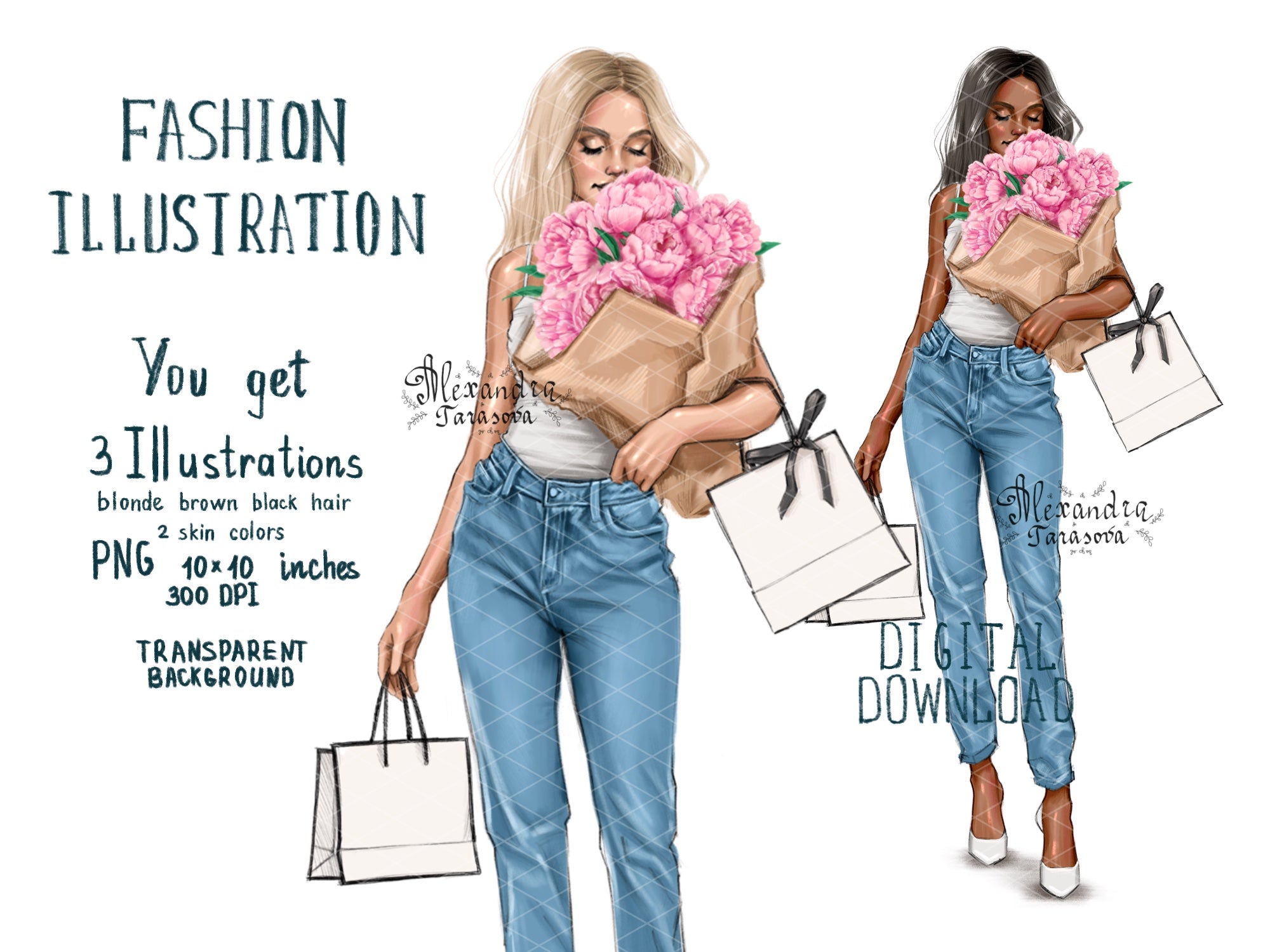Digital Watercolor Illustration Fashin Girl Spring Flowers Black Girl Clipart Instant Download Pink Flowers Shopping Bags