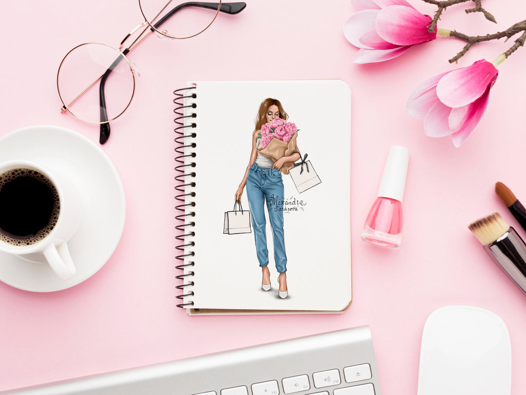 Digital Watercolor Illustration Fashin Girl Spring Flowers Black Girl Clipart Instant Download Pink Flowers Shopping Bags