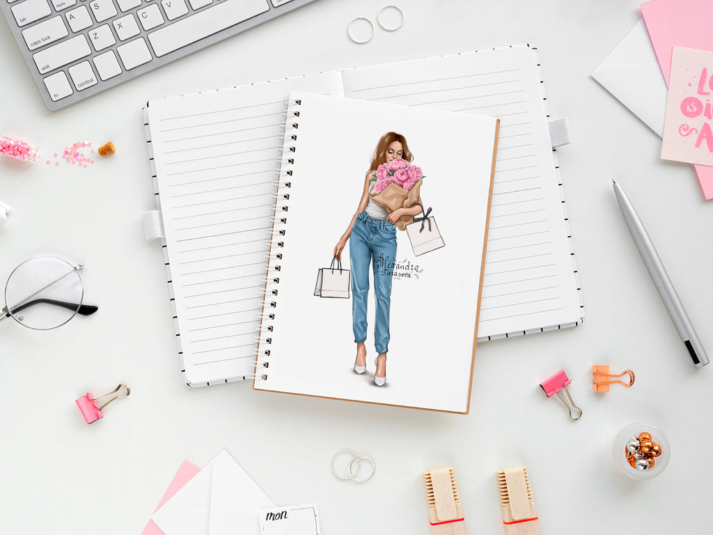 Digital Watercolor Illustration Fashin Girl Spring Flowers Black Girl Clipart Instant Download Pink Flowers Shopping Bags