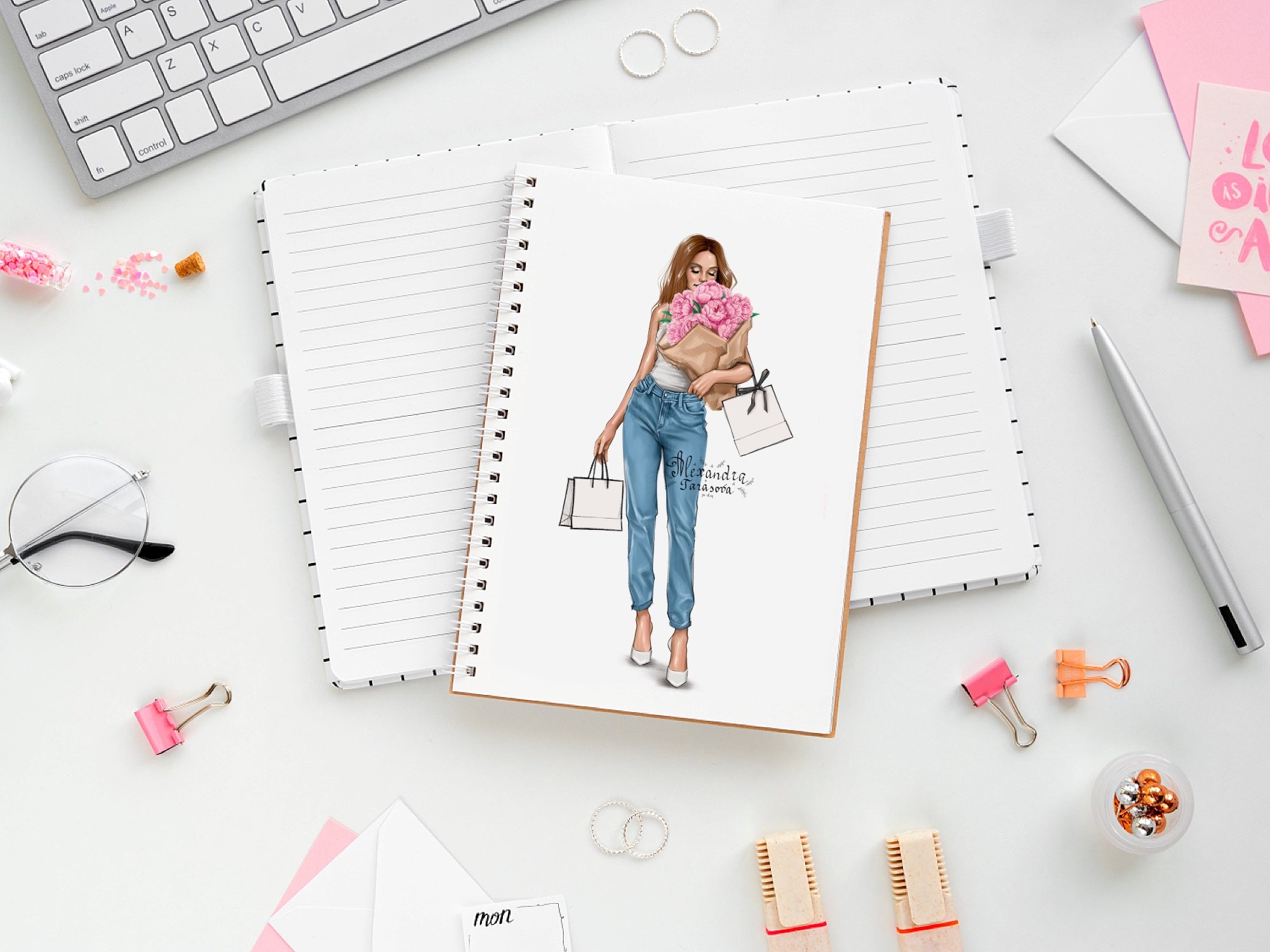 Digital Watercolor Illustration Fashin Girl Spring Flowers Black Girl Clipart Instant Download Pink Flowers Shopping Bags