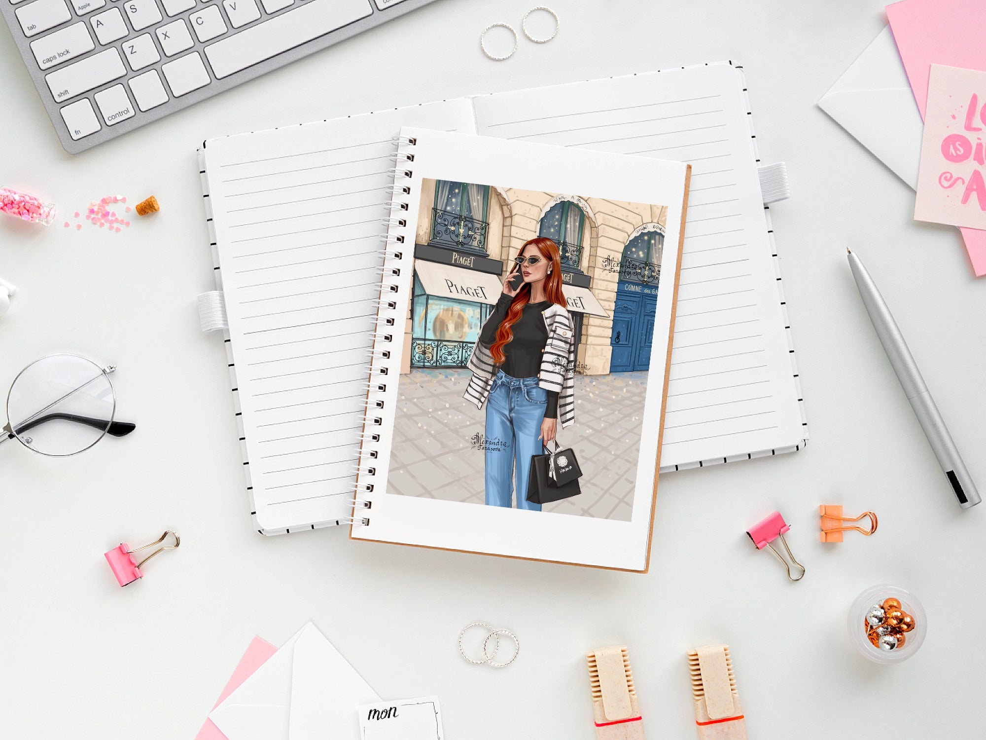 Digital Download Fashion Illustration Beauty Girl Shopping Bag Printable Art Hand Drawn