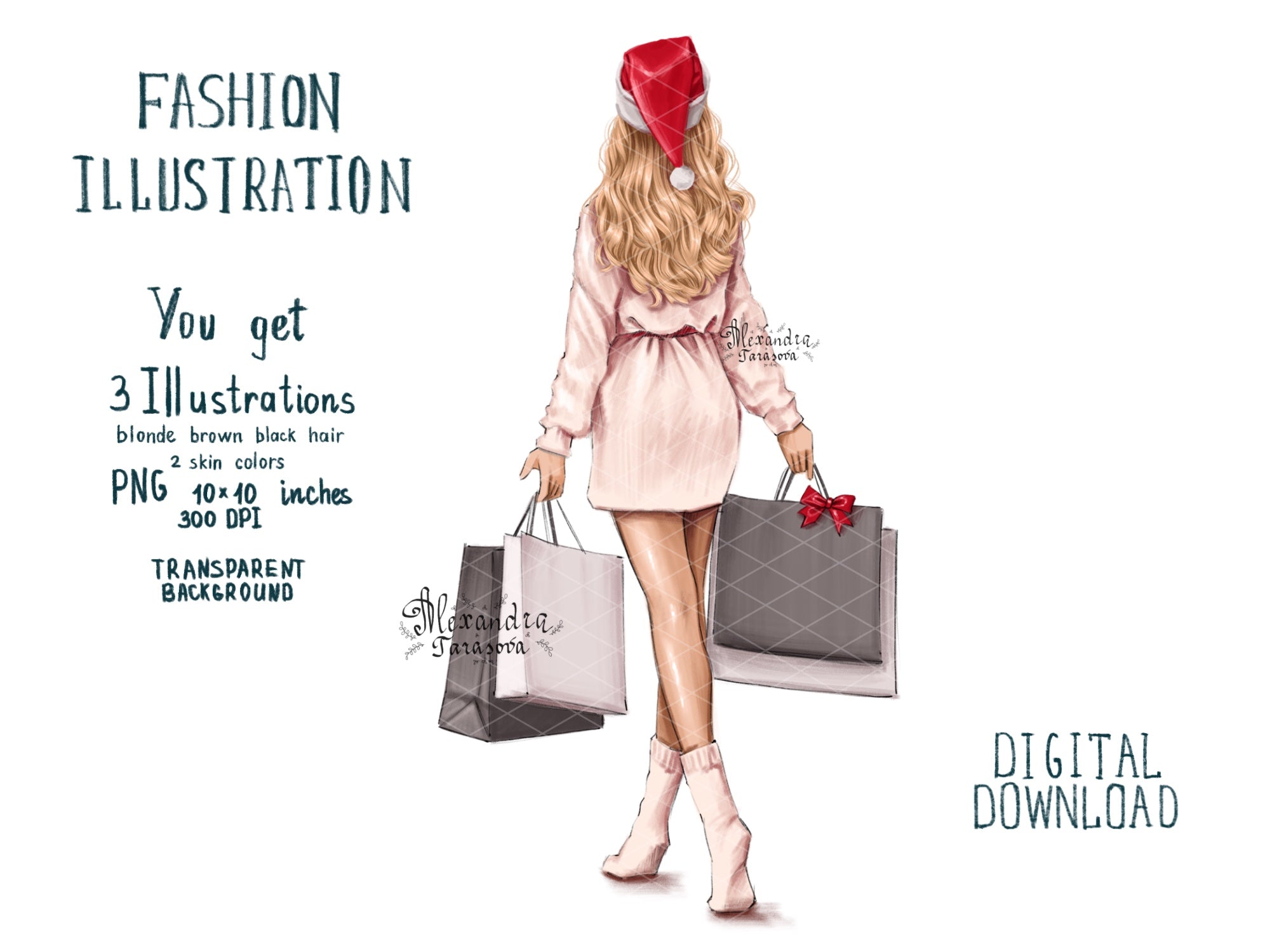 Digital Watercolor Illustration Fashion Girl Christmas Gifts Planner Stickers Digital Download Shopping Bags Beautiful African American Girl