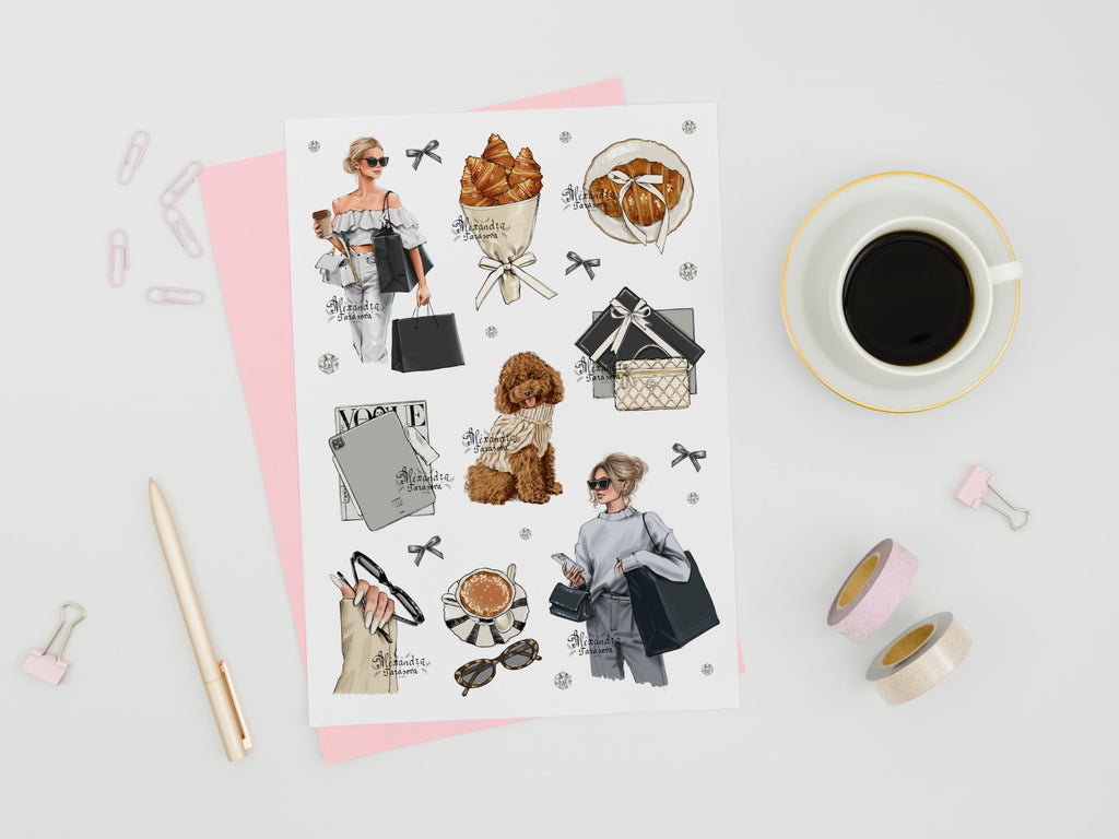 Parisian Coffee & Fashion Girl Sticker Sheet Digital Download | Cozy Aesthetic Planner Stickers | Neutral Paper Stickers