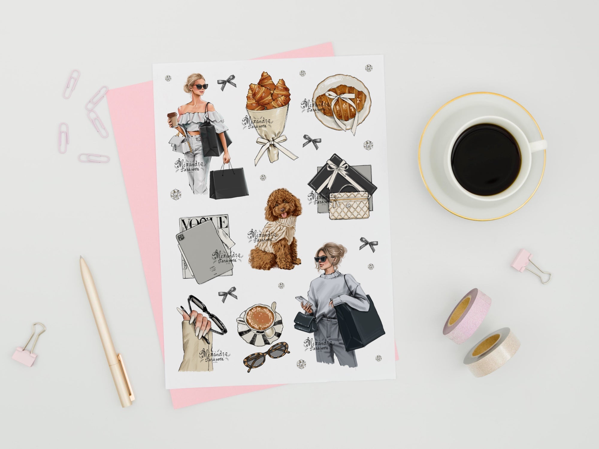 Parisian Coffee & Fashion Girl Sticker Sheet Digital Download | Cozy Aesthetic Planner Stickers | Neutral Paper Stickers