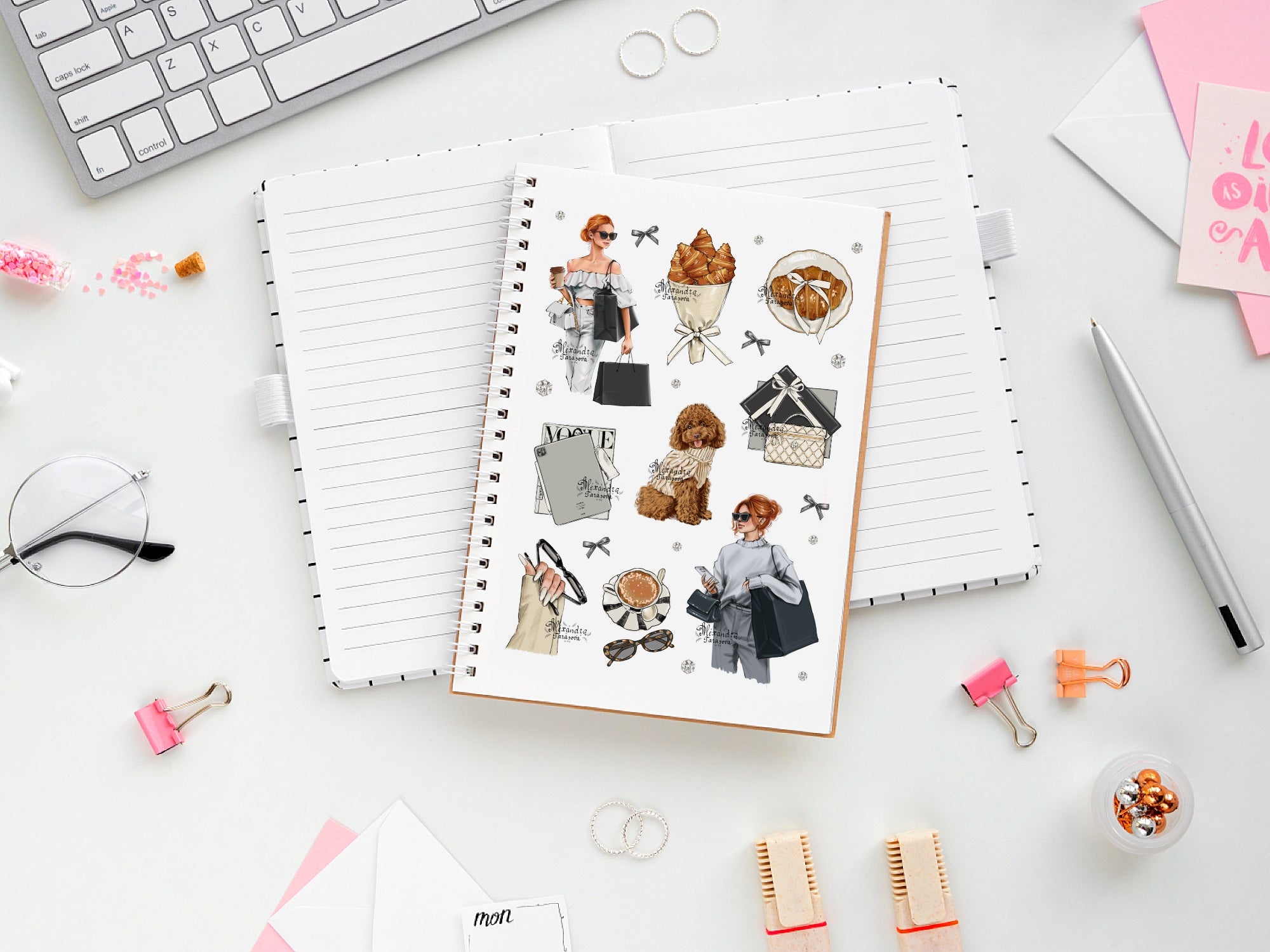 Parisian Coffee & Fashion Girl Sticker Sheet Digital Download | Cozy Aesthetic Planner Stickers | Neutral Paper Stickers