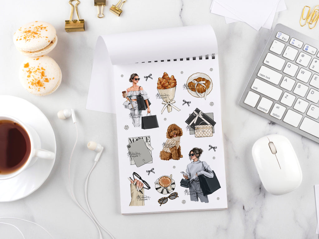 Parisian Coffee & Fashion Girl Sticker Sheet Digital Download | Cozy Aesthetic Planner Stickers | Neutral Paper Stickers