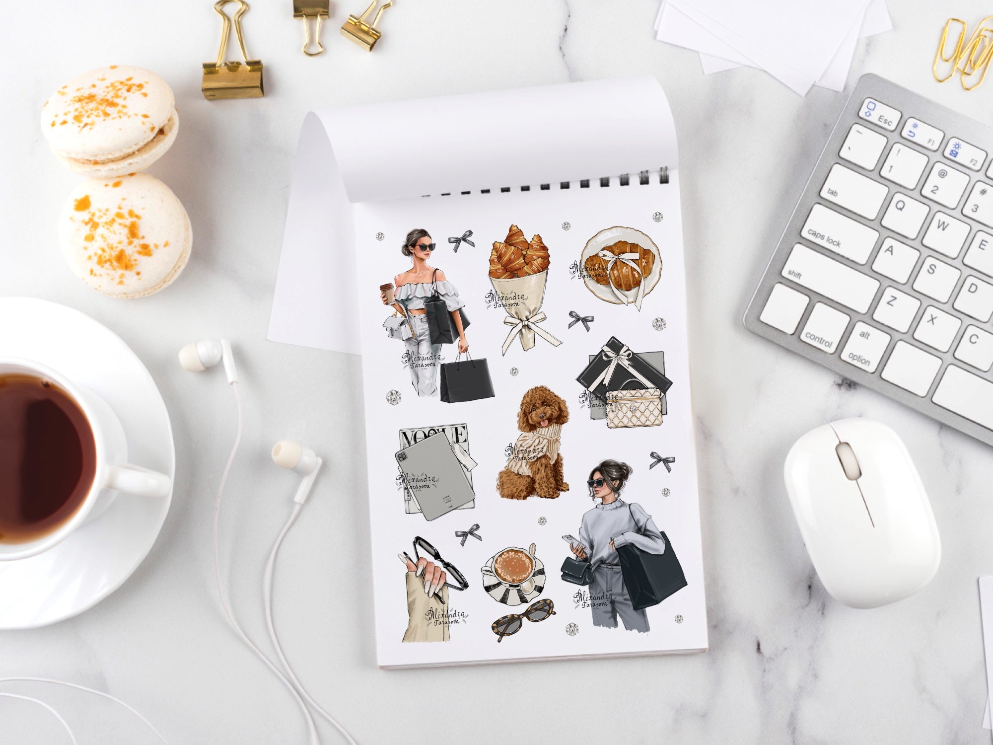 Parisian Coffee & Fashion Girl Sticker Sheet Digital Download | Cozy Aesthetic Planner Stickers | Neutral Paper Stickers