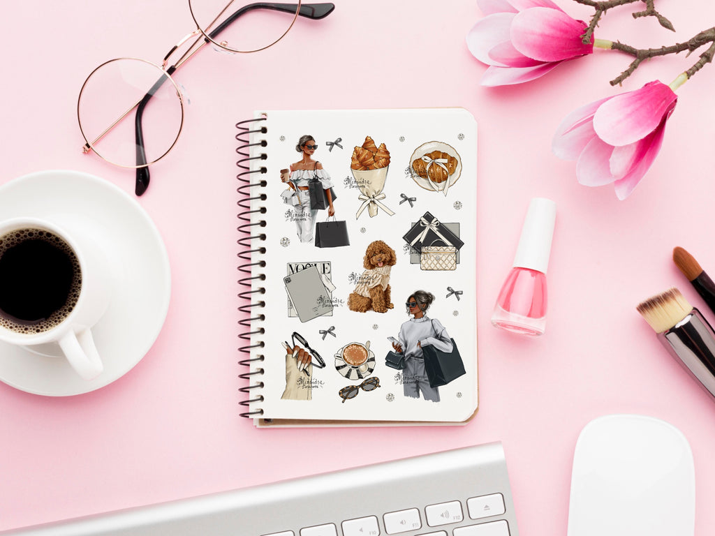 Parisian Coffee & Fashion Girl Sticker Sheet Digital Download | Cozy Aesthetic Planner Stickers | Neutral Paper Stickers